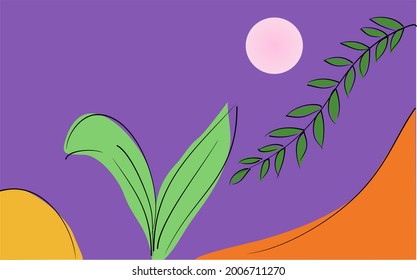 Art with leaves and colors. Purple, orange, green, pink and yellow. Black strokes.