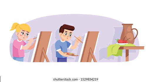 Art lesson for children flat vector illustration. Young painters. Studying of painting. After school club. Extracurricular activities. Boy and girl drawing still life cartoon characters