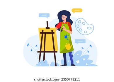 Art lesson concept with people scene in the flat cartoon style. The artist paints inspiredly with colored paints during a school lesson. Vector illustration.