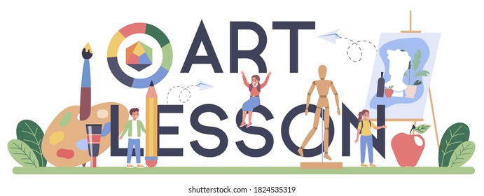 Art lesson typographic header. Student holding a brush and paints. Artist learning kids to draw. Digital and classic painting. Isolated flat vector illustration