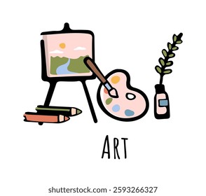 Art lessons for school, college or university. Vector flat cartoon icons for students curriculum. Creative discipline and improvement of skills for pupils and artists. Painting and drawings