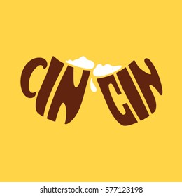 Art lettering design element the word "Cheers" in Italian in the shape of beer mugs "clink glasses" for posters, greeting cards, banners, labels, t-shirt in minimalist style