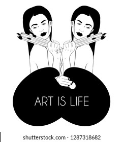 Art is life. Vector hand drawn illustration of girls with brushes and palette isolated. Creative tattoo artwork. Template for card, poster. banner, print for t-shirt, pin, badge, patch.