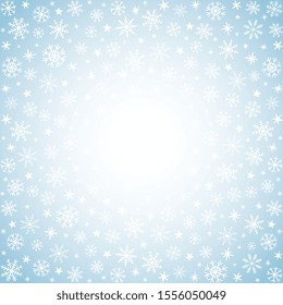 art light blue winter snowflake background with white hand drawn snow flakes silhouettes and place for text