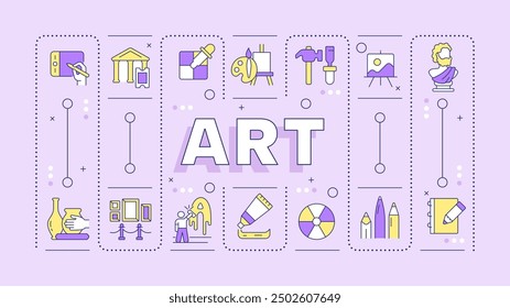 Art light purple word concept. School subject. Painting and sculpture. Academic discipline. Typography banner. Vector illustration with title text, editable icons color