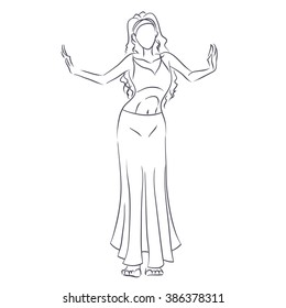 Art line of belly dancer. Young slender girl in east suit shows movement of arabic dance. Vector black and white drawing by lines. Isolated image.