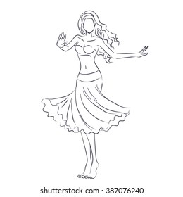 Art line of belly dancer. Young slender girl in east suit shows movement of arabic dance. Vector black and white drawing by lines. Isolated image.