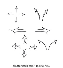 Art line black hand drawn vektor arrow and pointer set on white background for web, poster, banner, flyer and presentation. Vector handmade curved arrows and pointer left, right, up and down. EPS 10.