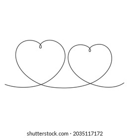 Art line continuous embrace two hearts. Love outline symbol. Valentine Day one line design. Hand drawn doodle heart shape. Vector isolated on white