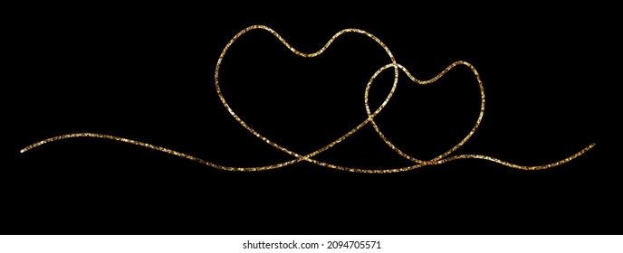 Línea de arte continua dos ícono de corazones con textura brillante brillante brillante brillante brillante aislada en el fondo negro. Símbolo de amor, pareja, Día de San Valentín, tarjeta, impresiones, diseño de bodas ilustraciones vectoriales.