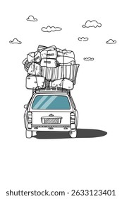 Art line drawing loaded mini Van car ilustrastion