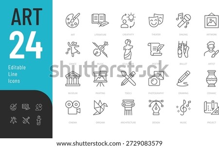 
Art Line Editable Icons set. Vector illustration in modern thin style of culture related icons: painting, literature, theater, and more. Isolated on transparent background.
