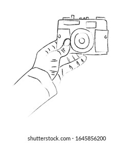 Art line, Hand holding A retro camera.Drawing vector  Illustration