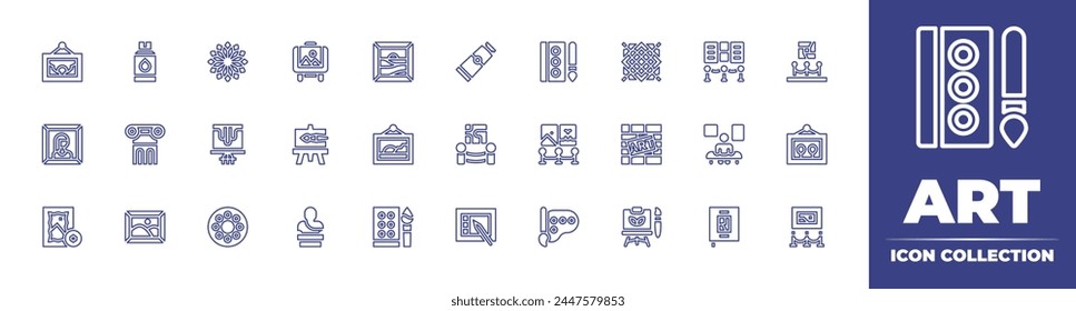 Art line icon collection. Editable stroke. Vector illustration. Containing graphic tablet, sculpture, exhibition, ruins, palette, painting, art museum, art and design, art, watercolor, artist.