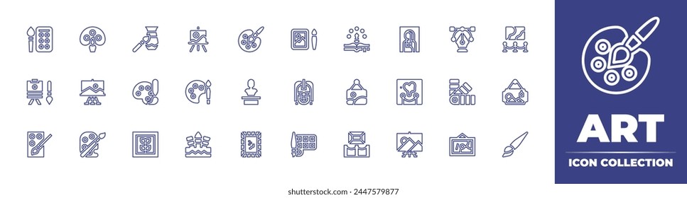 Art line icon collection. Editable stroke. Vector illustration. Containing art, painting, sculpture, mask, museum, art therapy, art show, canvas, paint brush, paint, frame, color palette.