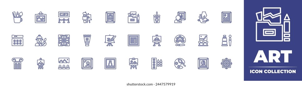 Art line icon collection. Editable stroke. Vector illustration. Containing column, museum, canvas, painting, art gallery, art, art teacher, watercolor, color palette, paint, paint tube.