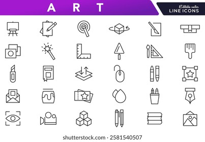 Art line icon set. Books, preschool, child, kindergarten, kid, cognitive, learn, various painting, tools, paint, creativity, graphic design, art line icon set. UI thin line icon pack.