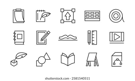 Art line icon set. Books, preschool, child, kindergarten, kid, cognitive, learn, various painting, tools, paint, creativity, graphic design, art line icon set. UI thin line icon pack.