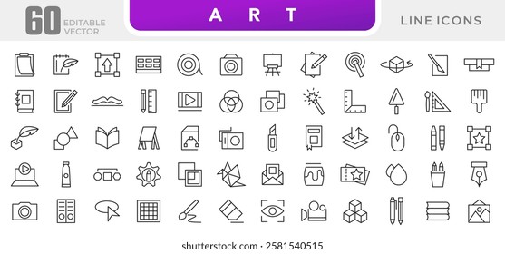 Art line icon set. Books, preschool, child, kindergarten, kid, cognitive, learn, various painting, tools, paint, creativity, graphic design, art line icon set. UI thin line icon pack.