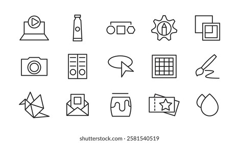 Art line icon set. Books, preschool, child, kindergarten, kid, cognitive, learn, various painting, tools, paint, creativity, graphic design, art line icon set. UI thin line icon pack.