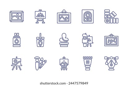 Art line icon set. Editable stroke. Vector illustration. Containing vector, easel, sculpture, abstract art, art, brushes, paint tube, stain, watercolor.