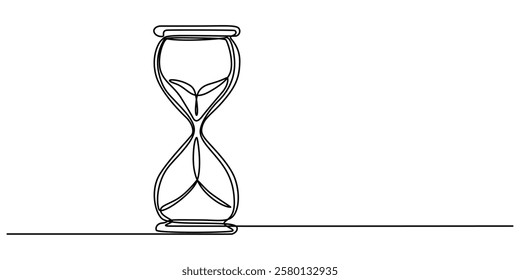 Art line one continuous line drawing of hourglass with flow sand isolated vector illustration, Continuous one line drawing of hourglass. One line drawing illustration of hourglass with flow sand. pro.