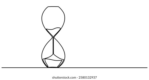 Art line one continuous line drawing of hourglass with flow sand isolated vector illustration, Continuous one line drawing of hourglass. One line drawing illustration of hourglass with flow sand. pro.