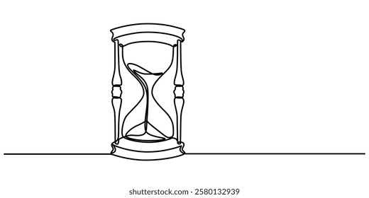 Art line one continuous line drawing of hourglass with flow sand isolated vector illustration, Continuous one line drawing of hourglass. One line drawing illustration of hourglass with flow sand. pro.