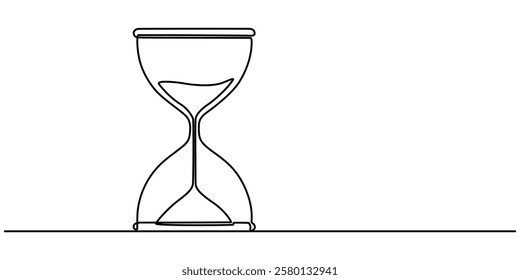 Art line one continuous line drawing of hourglass with flow sand isolated vector illustration, Continuous one line drawing of hourglass. One line drawing illustration of hourglass with flow sand. pro.