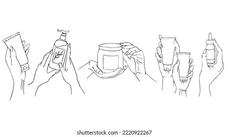 La línea artística es un conjunto de manos con jarras, contenedores y un dispensador en sus manos. La ilustración de doodle de manos masculinas y femeninas en un estilo minimalista se puede utilizar para el salón de belleza, el diseño cosmético