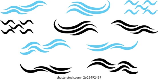 Art line set of Wave icon. Flat and simple wave vector. Abstract Wave beach symbol or logo design collection. Set of wavy zigzag lines.  Wave Blue vector design elements. 