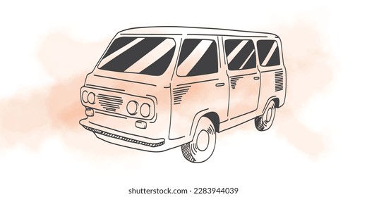 art line transportation of hand drawn ink drawing for art print, poster, postcard, banner car. vintage old car for collection.