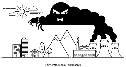 Art line Vector illustration of the dangers of nuclear power plants for people