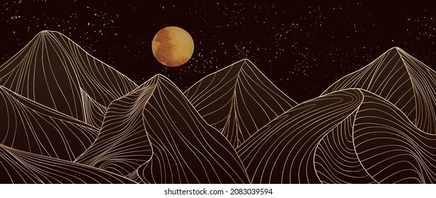 Art linear background with landscape mountains and moon. Abstract geometric pattern with hills in oriental style for design, print, interior decoration