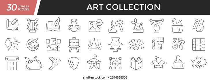 Art linear icons set. Collection of 30 icons in black