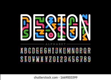 Art linear style font design, colorful alphabet, letters and numbers vector illustration