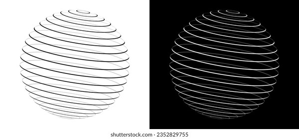 Art lines circle as icon or logo. Globe planet concept. Black shape on a white background and the same white shape on the black side.