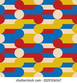 Art lines with circles. Decor geometric bright wallpaper. Vector repeated blue, yellow and red shapes. Abstract geometrical and repeated illustration.