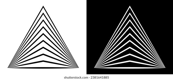 Gestaltungselement von Kunstlinien. Dreieck gestrichen als Logo oder Symbol. Schwarze Form auf weißem Hintergrund und dieselbe weiße Form auf schwarzer Seite.