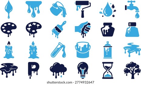 Art and liquid icons: paint drops, palette, brush, roller, bucket, ink, candle, test tube, spray can, light bulb, hourglass.