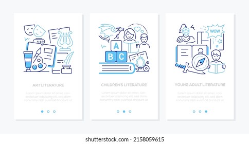 Art and literature - line design style banners set in blue color with place for text. Reading books, theater, music and painting. Preschool education, fairy tales for children, adventure in the pages