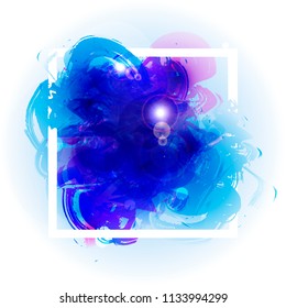 Art logo brush painted watercolor on paper abstract background design illustration acrylic stroke over white square frame. Perfect painted design for headline, logo and sale banner. Blue colors.