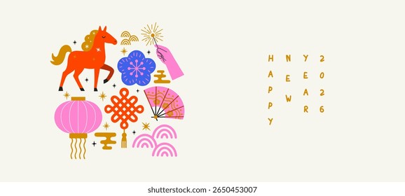 Art of Lunar New Year 2026. Vector cute elements for Chinese New Year: lanterns, horse, sparklers, fan and traditional oriental details for design, greeting card, poster, banner or background