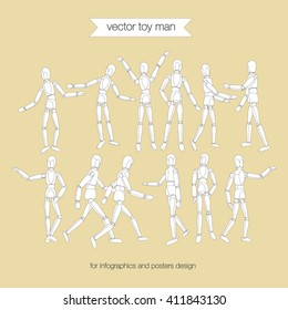 Art mannequin set. Model moving people isolated on a white background. Anatomical  vector art mannequin. Wooden artist manikin. Art mannequin like drawing model with articulated joints. 