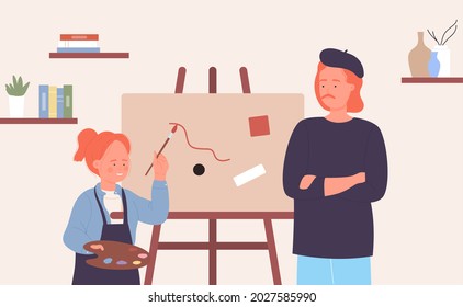 Art master class, school children study to draw, education vector illustration. Cartoon child girl artist character standing near easel and teacher, kid holding holding brush and palette background
