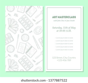 Art Masterclass Banner Template, Painter Tools, Art Supplies with Text Hand Drawn Vector Illustration