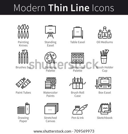 Art materials, artist supplies. Sketching, drawing and painting tools: studio equipment, brush, canvas, paper, paint medium pictogram concept. Modern thin line art icons. Linear style illustrations.