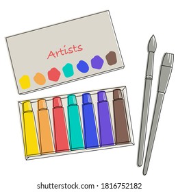 Kunststoffe: Bürsten und Farbröhren: Aquarell, Öl oder Acryl. Einzeln auf weißem Hintergrund. 
