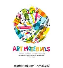 Art materials for craft design and creativity. Vector doodle isolated illustration in circle shape. Banner or poster background with pencils, brushes, watercolor paints.