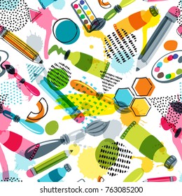 Art materials for craft design and creativity. Vector doodle seamless pattern. Creative background with pencils, brushes, watercolor paints and other items for handmade activity.